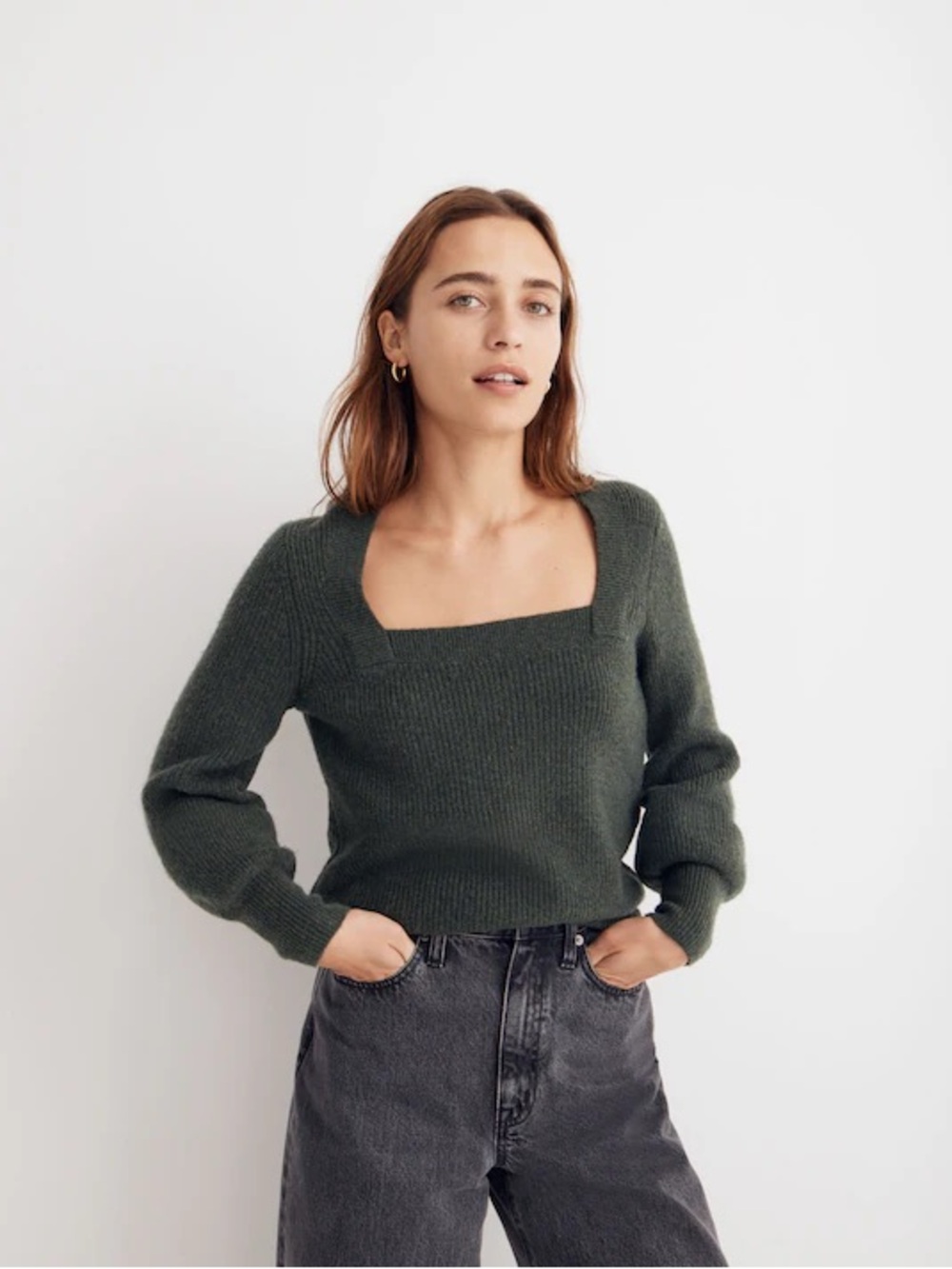 GUC Madewell Melwood Square-Neck Pullover Sweater in Coziest Yarn,  Olive Green